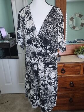 Avenue Black & White Floral Animal Print Wrap Dress